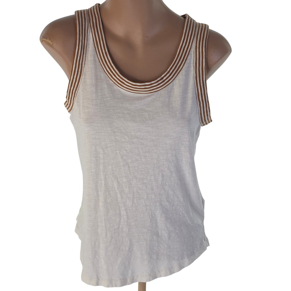 Madewell Tank Top Women Large White Brown Striped Trim Slub Cotton Preppy Summer